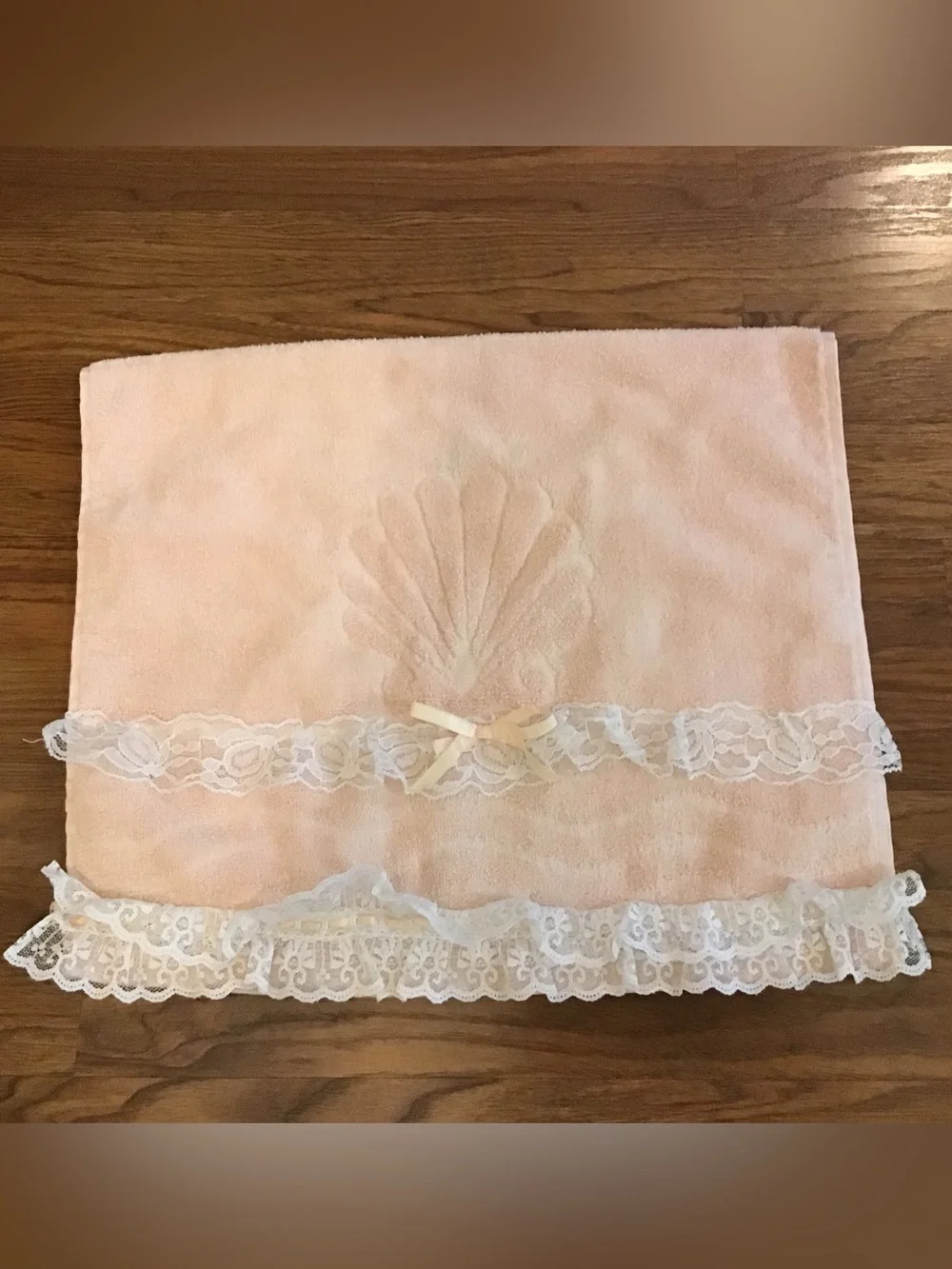 Vintage Cannon Classic Shell hand towel with lace and satin bow trim